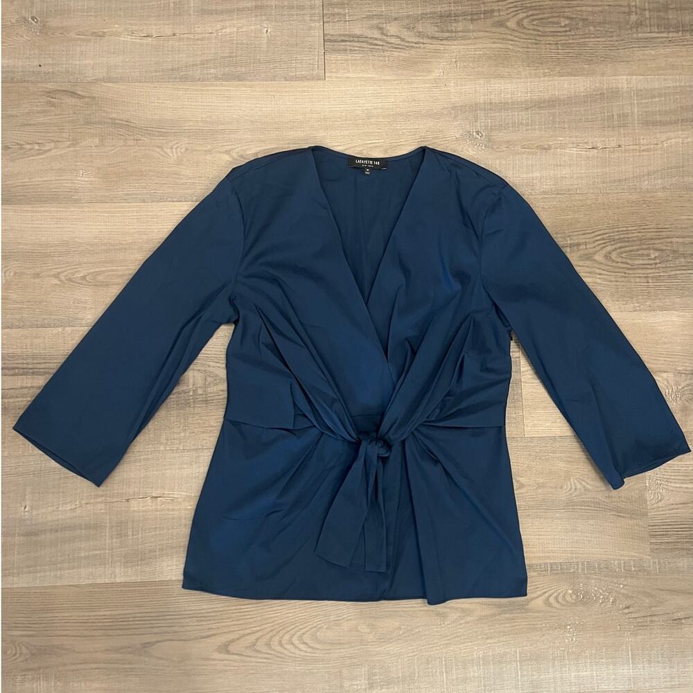 Lafayette 148 Navy Stretch Cotton Knot Front V-neck blouse